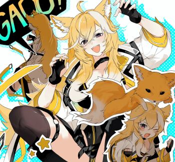 1girl ahoge animal_ears bikini black_bikini black_choker black_shirt blonde_hair breasts brown_eyes chaos_zero_nightmare choker commentary_request fang fox highres jacket large_breasts leg_up long_hair looking_at_viewer magna_(chaos_zero_nightmare) micro_shorts multicolored_hair multiple_views oc_umigame off_shoulder one_eye_closed open_clothes open_jacket open_mouth shirt shorts smile streaked_hair swimsuit thigh_strap thighs very_long_hair white_jacket