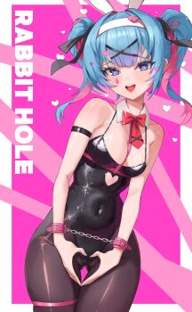 1girl :d absurdres animal_ears arm_strap armpit_crease bare_shoulders black_leotard black_pantyhose black_ribbon blue_eyes blue_hair blunt_bangs blush border bound bound_wrists bow bowtie breasts cleavage clothing_cutout colored_inner_hair commentary covered_navel cowboy_shot cuffs detached_collar english_text eyebrows_hidden_by_hair eyelashes fake_animal_ears furrowed_brow gluteal_fold hair_intakes hair_ornament hair_ribbon hairband handcuffs hatsune_miku heart heart-shaped_pupils heart_cutout heart_hair_ornament heart_hands highleg highleg_leotard highres juice_gukbap leotard long_hair looking_at_viewer medium_breasts multicolored_hair necktie open_mouth outside_border pantyhose pink_background pink_hair playboy_bunny rabbit_ears rabbit_hole_(vocaloid) red_bow red_bowtie red_necktie ribbon short_necktie simple_background skindentation smile solo symbol-shaped_pupils teeth thigh_gap thigh_strap thighs twintails two-tone_hair upper_teeth_only vocaloid white_border white_hairband x_hair_ornament