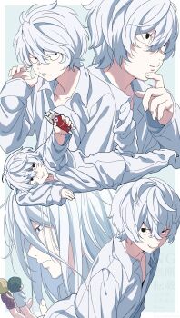 Rule 34 | 1boy, action figure, arm up, black eyes, border, collared shirt, commentary request, death note, finger to mouth, hair between eyes, highres, holding, jitome, long sleeves, looking to the side, lqc548ph6790481, male focus, medium hair, multiple views, near (death note), open collar, outside border, shirt, sideways glance, sleeve cuffs, sleeves past wrists, white border, white hair, white shirt, wing collar