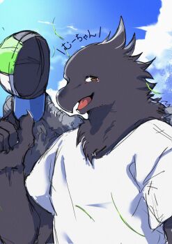 1boy absurdres ao_gravity beak bird_boy bird_wings blue_sky claws cloud commentary_request falling_leaves feathered_wings furry furry_male hat highres holding holding_unworn_clothes holding_unworn_hat jirou_(tonari_no_youkai-san) leaf looking_at_viewer male_focus open_mouth shirt sky tengu tonari_no_youkai-san translation_request unworn_hat unworn_headwear upper_body white_shirt wings