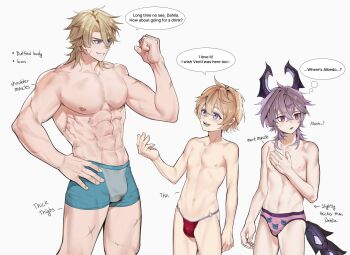 Rule 34 | 3boys, abs, absurdres, aqua male underwear, bana gameg, bikini, blonde hair, blue eyes, boxer briefs, briefs, bulge, collarbone, commentary, crossed bangs, dahlia (genshin impact), english commentary, english text, facial scar, genshin impact, hair between eyes, hand on another's hip, height difference, highres, horns, looking at another, male focus, male underwear, mini durin (genshin impact), mini durin (human) (genshin impact), multiple boys, multiple scars, muscular, muscular male, navel, nipples, o-ring, pectorals, purple eyes, purple hair, red bikini, scar, scar on arm, scar on cheek, scar on face, scar on thighs, short hair, simple background, size difference, skinny, speech bubble, swimsuit, teeth, thighs, thong bikini, topless male, underwear, underwear only, varka (genshin impact), white background