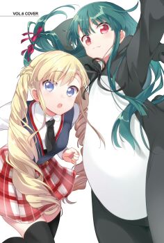 Rule 34 | 029, :3, :o, animal costume, animal hood, arms up, bear costume, black necktie, black ribbon, black thighhighs, blonde hair, blue eyes, blue vest, blush, breasts, closed mouth, collared shirt, cosplay, cowboy shot, drill hair, green hair, hair ribbon, highres, hood, hood down, kigurumi, kuma kuma kuma bear, long hair, long sleeves, looking at viewer, medium breasts, miniskirt, multiple girls, necktie, official art, open mouth, plaid clothes, plaid skirt, red eyes, red ribbon, red skirt, ribbon, school uniform, shia foschurose, shirt, simple background, skirt, smile, thighhighs, third-party source, twin drills, v-shaped eyebrows, vest, white background, white shirt, yuna (kuma kuma kuma bear), zettai ryouiki