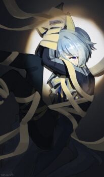 Rule 34 | 1girl, animal ears, blue eyes, blue hair, blue jacket, blue shirt, bound, bow, commentary request, crying, ear covers, gloves, hair between eyes, highres, horse ears, horse girl, horse tail, jacket, k.s.miracle (prism) (umamusume), k.s.miracle (umamusume), long sleeves, looking at viewer, pants, ribbon, saramiao-chan, shirt, short hair, single tear, solo, spotlight, tail, tied up (nonsexual), umamusume, white gloves, white ribbon