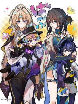 2boys 2girls absurdres antenna_hair aqua_eyes badge bead_necklace beads black_hair blonde_hair blue_eyes blue_hair collar commentary_request fedora fins grin hair_between_eyes hair_ornament hairpin hat head_fins headphones headpiece highres holding honkai:_star_rail honkai_(series) jewelry long_hair looking_at_another multicolored_hair multiple_boys multiple_girls necklace opal_(honkai:_star_rail) pants parted_bangs pearl_(honkai:_star_rail) pink_eyes purple_eyes ruan_mei_(honkai:_star_rail) shoes short_hair smile stephen_lloyd_(honkai:_star_rail) streaked_hair sw_chestnut