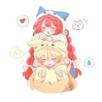 2girls :3 :d alice_thymefield animal_hood blonde_hair blush closed_eyes commentary_request cropped_torso hair_ornament heart hood hood_up hoodie long_hair long_sleeves low_twintails multiple_girls open_mouth rabbit_hood rebecca_(keinelove) red_hair simple_background smile sphere_hair_ornament spoken_heart spoken_sweatdrop sweatdrop twintails ukinami_yuzuha white_background white_hoodie yellow_hoodie zenless_zone_zero