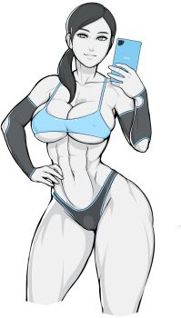 Rule 34 | !, 1girl, abs, arm warmers, bare shoulders, black panties, breasts, cellphone, cleavage, colored skin, covered erect nipples, cowboy shot, crop top, cropped legs, grey eyes, groin, half-closed eyes, hand on own hip, highres, hip focus, large breasts, looking at viewer, muscular, muscular female, navel, nintendo, nisetanaka, panties, phone, ponytail, selfie, simple background, skin tight, skindentation, smile, solo, stomach, thighs, toned, underboob, underwear, white background, white skin, wii fit, wii fit trainer (female)