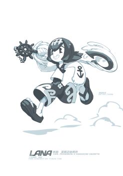 1girl 2023 absurdres chinese_commentary commentary crossover dust english_commentary flat_chest flip-flops highres keyblade kingdom_hearts krita_(medium) lana_(pokemon) looking_ahead multiple_crossover nintendo pokemon pokemon_sm popeye popeye_the_sailor raised_inner_eyebrows running sandals signature simple_background tyson_tan