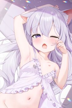 1girl animal_ears arm_up armpits babydoll breasts cat_ears collarbone commentary_request cropped fang flat_chest grey_hair groin hand_up heart_pasties highres loli long_hair lying merchandise_available navel on_back one_eye_closed open_mouth original pasties purple_eyes skin_fang solo tearing_up tears tsukiman white_babydoll