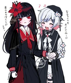 Rule 34 | 2girls, :d, annoyed, averting eyes, beret, black hair, black hat, black jacket, black shirt, black skirt, cherry blossoms, closed eyes, commentary request, cowboy shot, fang, flower, gradient hair, hair flower, hair ornament, hat, highres, jacket, long hair, long sleeves, mahou shoujo no majo saiban, multicolored hair, multiple girls, musical note, necktie, nikaido hiro, open mouth, pink eyes, pink hair, pleated skirt, red eyes, red flower, red necktie, sakuraba ema, shirt, short hair, simple background, skirt, smile, standing, sweatdrop, translation request, wakame yogurt, white background, white hair, x hair ornament