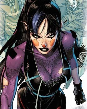 1girl batman_(series) black_hair breasts clown_mask dc_comics eyeshadow freckles glaring gloves green_eyes grin henchmen jorge_jimenez makeup mask multicolored_hair punchline_(dc) purple_skirt red_nose skirt smile sweater torn_clothes two-tone_hair