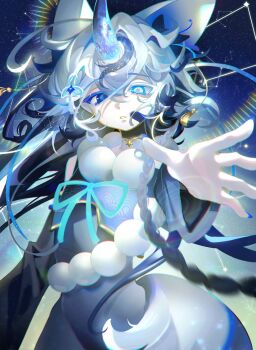 1girl animal_ears blue_background blue_dress blue_eyes blue_hair blue_ribbon cloud_(lufaeris) commentary cowboy_shot crossed_bangs dress hair_between_eyes hair_ornament hair_ribbon heterochromia highres horns long_hair looking_at_viewer multicolored_hair open_hand original pale_skin parted_lips reaching reaching_towards_viewer ribbon single_horn solo tail white_hair