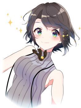 Rule 34 | 1girl, artist name, bare shoulders, black bow, black bowtie, black hair, blue eyes, blush, bow, bowtie, braid, breasts, brooch, closed mouth, cross hair ornament, emutakanoe, grey shirt, hair ornament, high collar, highres, hololive, jewelry, large breasts, looking at viewer, oozora subaru, oozora subaru (suspenders), pinstripe pattern, pinstripe shirt, shirt, short hair, side braid, signature, simple background, sleeveless, sleeveless shirt, smile, solo, star (symbol), star brooch, star hair ornament, star symbol background, suspenders, swept bangs, upper body, virtual youtuber, white background