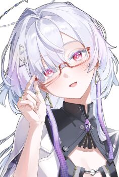 Rule 34 | 1girl, colored eyelashes, commentary request, earrings, fingernails, glasses, grey hair, hair intakes, hair ornament, halo, highres, jacket, jewelry, kado 51, long hair, looking at viewer, mornye (wuthering waves), multiple rings, open mouth, portrait, red-framed eyewear, red eyes, ring, semi-rimless eyewear, simple background, smile, solo, triangle earrings, under-rim eyewear, white background, white jacket, wuthering waves