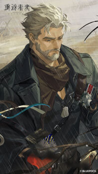 1boy absurdres badge black_coat black_gloves black_shirt blue_eyes brown_neckerchief coat coat_on_shoulders copyright_name copyright_notice cube dog_tags gloves highres igor_(reverse:1999) logo looking_down male_focus mature_male neckerchief official_art official_wallpaper old old_man rain reverse:1999 shirt short_hair solo upper_body white_beard white_hair