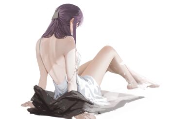 1girl back bare_legs barefoot breasts dress facing_away fern_(sousou_no_frieren) from_behind full_body hair_ornament highres large_breasts long_hair neo_(neorarty3) purple_hair simple_background sitting solo sousou_no_frieren strap_slip thighs very_long_hair white_background white_dress