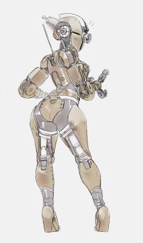 1girl ass assaultron bald bald_female commentary from_behind grey_background highres humanoid_robot looking_back one-eyed open_hand original radio_antenna robot science_fiction sketch solo surprised symbol-only_commentary tyto_alba