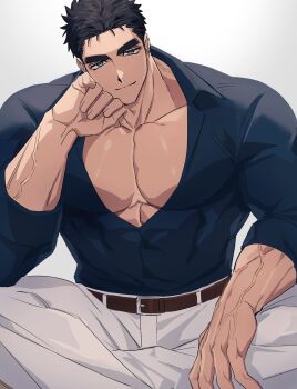 Rule 34 | 1boy, bara, belt, black hair, blue eyes, blue shirt, brown belt, closed mouth, domo (domo kizusuki), forehead, hand on own cheek, hand on own face, highres, kokado shido (domo), large pectorals, male focus, muscular, muscular arms, muscular male, original, pants, partially open shirt, pectoral cleavage, pectorals, shirt, short hair, sideburns, simple background, v-taper, veins, veiny arms, white background, white pants