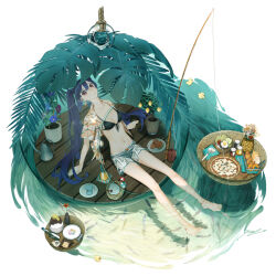 Rule 34 | 1girl, arm support, barefoot, bikini, bird, black bikini, blue hair, bonsai, bread, croissant, duck, duckling, earrings, fish, fishing rod, flower, food, fried egg, front-tie bikini top, front-tie top, fruit, fruit tree, jewelry, lemon, long hair, looking at viewer, open clothes, open shirt, original, ornament, palm leaf, pizza, popsicle, red eyes, salad, sawaco (sawaco520), see-through, shorts, signature, sitting, soaking feet, solo, summer, swimsuit, tree, twintails, utensil, very long hair, water, watering can, watermelon, white shorts, wooden floor