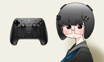 1girl absurdres black_eyes black_hair black_sailor_collar black_serafuku blue_neckerchief blunt_bangs blush_stickers commentary controller cross_hair_ornament english_commentary from_side game_controller glasses gradient_background hair_ornament highres looking_at_viewer neckerchief no_pupils open_mouth orenjipiiru original personification rectangular_eyewear sailor_collar school_uniform serafuku short_hair simple_background solo steam_(platform) steam_controller straight_hair upper_body valve_software yellow_background