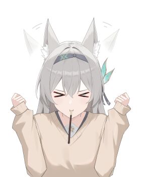 &gt;_&lt; absurdres animal_ear_fluff animal_ears black_hairband brown_sweater closed_eyes closed_mouth commentary firefly_(honkai:_star_rail) food food_in_mouth grey_hair hair_between_eyes hair_ornament hairband highres honkai:_star_rail honkai_(series) long_sleeves nicel pocky pocky_in_mouth simple_background sweater upper_body white_background