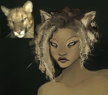 1girl animal_ears cat_ears cat_girl cougar curly_hair dark-skinned_female dark_skin eyelashes face_piercing gittanart highres lips makeup nose_piercing nostrils original personification photo-referenced piercing reference_inset whiskers