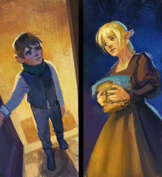 1boy 1girl artzel19 basket black_dress black_eyes blonde_hair brown_hair chilchuck_tims commentary doorway dress dungeon_meshi green_eyes highres holding holding_basket juliet_sleeves long_dress long_sleeves marcille_donato open_door pointy_ears puffy_sleeves split_screen