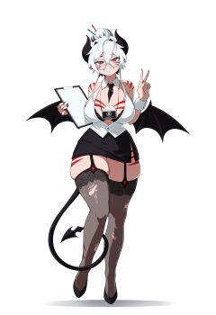 Rule 34 | 1girl, absurdres, artist request, black bra, black garter straps, black hair, black horns, black nails, black necktie, black shoes, black wings, blaire rune, bra, bra peek, breasts, clipboard, commentary, demon girl, demon horns, demon tail, demon wings, facial mark, florks, garter straps, glasses, highres, holding, holding clipboard, horns, large breasts, multicolored hair, necktie, shoes, short necktie, smile, socks agency, solo, streaked hair, tail, thighhighs, torn clothes, torn thighhighs, underwear, v, virtual youtuber, whisker markings, white background, white hair, white wrist cuffs, wings, wrist cuffs
