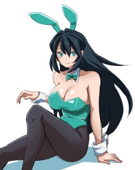 1girl absurdres animal_ears aqua_eyes black_hair black_pantyhose blush bow bowtie breasts cleavage covered_navel detached_collar fake_animal_ears green_eyes green_leotard gundam gundam_build_divers gundam_build_divers_re:rise hair_between_eyes highleg highleg_leotard highres large_breasts leotard long_hair looking_at_viewer may:be may_(gundam_build_divers_re:rise) pantyhose playboy_bunny rabbit_ears sitting smile solo strapless strapless_leotard traditional_bowtie very_long_hair white_background wrist_cuffs