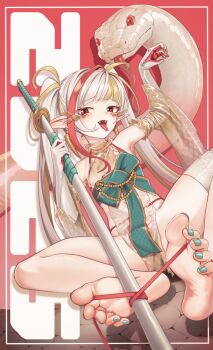 1girl barefoot chinese_zodiac fangs feet forked_tongue highres katana light_blush long_hair looking_at_viewer multicolored_hair open_mouth original pointy_ears red_eyes snake soles streaked_hair sword toes tongue twintails weapon welfkotaku white_hair year_of_the_snake