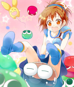 1girl :o arle_nadja blob blue_footwear blue_skirt blush boots brown_eyes brown_hair carbuncle_(puyopuyo) convenient_censoring creature fang full_body half_updo madou_monogatari pink_background porurin_(do-desho) puyo_(puyopuyo) puyopuyo see-through_clothes shirt short_hair skirt star_(symbol) star_symbol_background surprised