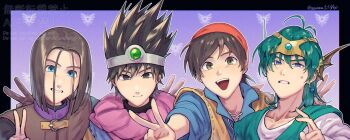 4boys bandana black_hair blue_eyes blue_shirt brown_eyes brown_gloves brown_hair circlet closed_mouth dragon_quest dragon_quest_iii dragon_quest_iv dragon_quest_viii dragon_quest_xi earrings gem gloves green_hair grin hero_(dq11) hero_(dq3) hero_(dq4) hero_(dq8) highres in-franchise_crossover jewelry long_hair looking_at_viewer male_focus medium_hair multiple_boys open_mouth ponytail rei_(teponea121) shirt short_hair smile spiked_hair teeth tunic upper_teeth_only v white_shirt