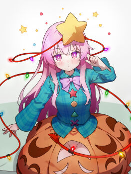 1girl blush bow bowtie chikuzen1996 closed_mouth collared_shirt commentary_request convenient_censoring expressionless hata_no_kokoro highres long_hair long_sleeves looking_at_viewer no_panties orange_skirt pink_eyes pink_hair plaid_clothes plaid_shirt purple_bow purple_bowtie shirt skirt skirt_cutout solo star_(symbol) string_of_light_bulbs touhou very_long_hair