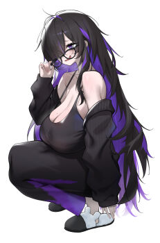 1girl absurdres ahoge bare_shoulders black-framed_eyewear black_cardigan black_dress black_hair black_sweater breasts cardigan cleavage colored_inner_hair commentary_request dongye1551 dress glasses goddess_of_victory:_nikke hair_over_one_eye highres label_(nikke) large_breasts long_hair mole mole_on_breast multicolored_hair nervous_smile off_shoulder open_mouth purple_eyes purple_hair ribbed_sweater simple_background sleeves_past_wrists slippers smile solo squatting sweater taut_clothes taut_dress very_long_hair white_background