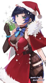 1girl black_hair blue_bow blue_bowtie blue_hair blush bob_cut bow bowtie breasts brown_gloves brown_leotard brown_sleeves capelet christmas closed_mouth dice dress earrings fur-trimmed_capelet fur-trimmed_headwear fur_trim genshin_impact gloves gradient_hair green_eyes hat highres jewelry leotard looking_at_viewer medium_breasts medium_hair mole mole_on_breast multicolored_hair muri_(pan'ichi_murimuri_geinin) red_capelet red_dress santa_hat short_hair single_glove single_sleeve smile solo tassel white_background yelan_(genshin_impact)