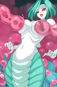 1girl blurry blurry_background blush bon-chi breasts colored_sclera colored_skin empty_eyes female_focus fingernails green_hair lamia large_breasts monster_girl navel open_mouth original red_sclera sharp_fingernails shiny_skin short_hair slime_(creature) slime_(substance) solo sweat white_skin