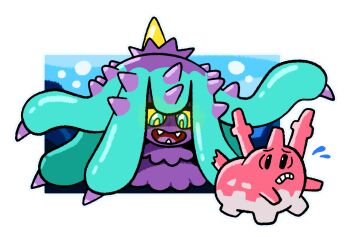 Rule 34 | billspooks, blue eyes, colored sclera, corsola, fangs, gen 2 pokemon, gen 7 pokemon, mareanie, nintendo, no humans, open mouth, outline, pokemon, pokemon (creature), spikes, toon (style), white outline, yellow sclera