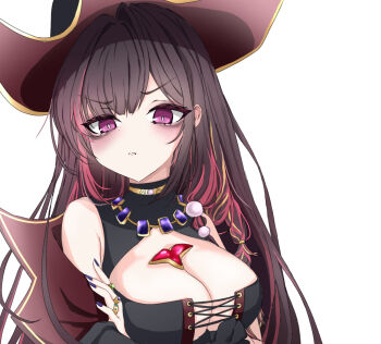 1girl azur_lane bare_shoulders black_coat black_hair breasts cleavage closed_mouth coat crossed_arms hat highres historical_connection jewelry kikazesumomo large_breasts long_hair looking_at_viewer multicolored_hair necklace pink_hair pink_streaks pirate_hat pout purple_eyes purple_nails queen_anne&#039;s_revenge_(azur_lane) ring simple_background upper_body white_background