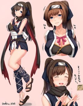 1girl :3 ^_^ adjusting_scarf black_scarf blue_bridal_gauntlets blue_eyes blue_kimono blush bow breasts bridal_gauntlets brown_hair cleavage closed_eyes closed_mouth collarbone commentary_request commission cosplay cropped_torso fate/grand_order fate_(series) flying_sweatdrops forehead_protector full_body furrowed_brow hair_between_eyes hand_up hands_up highres hitachi_mako hitachi_mako_(cosplay) japanese_clothes kimono large_breasts leg_ribbon lips long_hair long_scarf looking_at_viewer mata_hari_(fate) money motion_lines multiple_views ninja open_mouth pink_background pink_bow ponytail red_scarf ribbon sandals sash scarf sebire senren_banka short_kimono simple_background skeb_commission sleeveless sleeveless_kimono smile split_mouth standing standing_on_one_leg straight_hair thighs tiptoes translation_request twitter_username two-sided_scarf upper_body white_ribbon white_sash