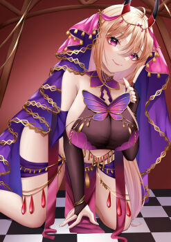 1girl absurdres all_fours arabian_clothes azur_lane bare_shoulders black_gloves blonde_hair breasts bridal_gauntlets bug butterfly chain checkered_floor closed_mouth crop_top dancer detached_collar elbow_gloves gloves gold_chain gold_trim hair_between_eyes hanging_breasts harem_outfit highres horns indoors insect jewelry kneeling konparu_uran kumano_(azur_lane) kumano_(one_thousand_and_one_nights&#039;_wishes)_(azur_lane) large_breasts long_hair looking_at_viewer midriff official_alternate_costume on_floor open_hat pelvic_curtain pink_eyes purple_butterfly purple_eyes red_horns revealing_clothes sideboob smile solo thighs tile_floor tiles veil very_long_hair