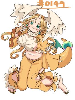 1girl absurdres barefoot blush_stickers breasts bridal_gauntlets commentary_request dragon dragonite earrings gen_1_pokemon green_eyes green_wings head_wings highres horns jewelry large_breasts long_hair long_sidelocks mega_dragonite mega_stone nail_polish navel nintendo numbered orange_hair orange_pants orange_sleeves pants personification plump pokemon sideboob sidelocks simple_background single_horn smile solo sukoyaka_(100hituzi) tail thick_eyebrows turtleneck very_long_sidelocks white_background white_wings wide_sleeves wings yellow_nails