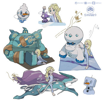 1girl blonde_hair blue_eyes braid commentary creature crossover disney eiscue eiscue_(ice) elsa_(frozen) english_commentary frozen_(disney) frozen_2 galarian_darmanitan galarian_darmanitan_(standard) galarian_form gen_2_pokemon gen_5_pokemon gen_8_pokemon golurk highres legendary_pokemon long_hair multiple_views nintendo pokemon pokemon_(creature) ponytail signature simple_background standing startboii suicune toxel twitter_username vanillite white_background