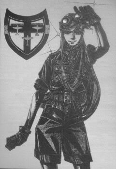 1girl absurdres black_gloves black_shirt black_shorts bordfunker133 breast_pocket commentary cross english_commentary gloves goggles goggles_on_head greyscale grin hans-joachim_marseille highres iron_cross long_hair luftwaffe marseille-chan_(bordfunker133) military military_uniform monochrome nazi original photo_(medium) pocket redesign shirt shorts sleeves_rolled_up smile soldier solo swastika white_background world_war_ii