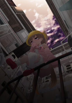 1girl bloomers brooch brown_hair building commentary_request condenser_unit crotchless crotchless_bloomers day detached_sleeves dress from_below full_body hat heart heart_brooch highres jewelry long_sleeves ne_an_ito outdoors pink_dress pink_sleeves purple_eyes school_hat sitting sky sleeves_past_fingers sleeves_past_wrists solo thick_thighs thighs tsukuyomi_ai twintails underwear voiceroid white_bloomers yellow_hat