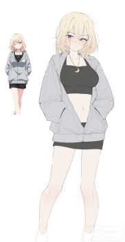 1girl absurdres bang_dream! bang_dream!_it's_mygo!!!!! black_skirt black_tank_top blonde_hair breasts commentary grey_hoodie highres hood hoodie jewelry kebohan light_blush medium_breasts miniskirt misumi_uika moon necklace purple_eyes short_hair skirt tank_top watermark white_background