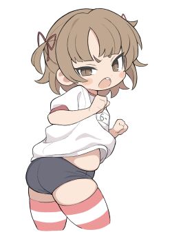 1girl ass belly black_buruma blue_buruma blush_stickers buruma clenched_hands commentary cropped_legs dot_nose gym_shirt gym_uniform hair_ribbon highres ketsu_juuji_killer_(kejuki) looking_at_viewer marui_mitsuba mitsudomoe_(manga) muffin_top name_tag open_mouth red_ribbon ribbon shirt short_sleeves simple_background solo striped_clothes striped_thighhighs thighhighs two_side_up v-shaped_eyebrows white_background white_shirt