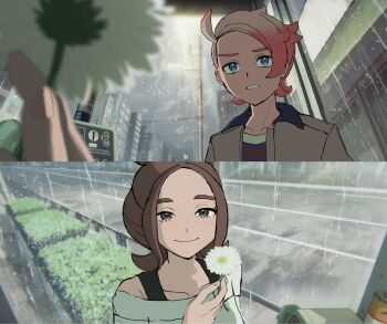 1girl blonde_hair blue_eyes brown_eyes brown_hair brown_jacket chainsaw_man flower harmony_(pokemon) hat highres holding jacket nintendo pokemon pokemon_legends:_z-a rain sakanam44566387 scene_reference shirt short_hair smile urbain_(pokemon) white_shirt