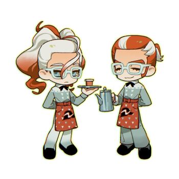 Rule 34 | 1boy, 1girl, :3, apron, black shoes, blue eyes, chibi, chibi only, closed eyes, cup, disposable coffee cup, disposable cup, expressionless, full body, glasses, gradient hair, griselle (pokemon), grisham (pokemon), hair pulled back, holding, holding coffee pot, holding tray, loafers, lower eyelashes only, luye unknows, multicolored hair, nintendo, orange hair, pants, pantyhose, pokemon, pokemon legends: z-a, ponytail, shoes, short ponytail, split ponytail, thick eyebrows, tray, two-tone hair, waist apron, wavy hair, white-framed eyewear, white hair, white pants, white pantyhose