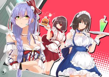 3girls absurdres aoi_erika apron aqua_eyes arms_under_breasts bare_shoulders black_skirt blush bow braid braided_ponytail breasts brown_hair bug burger butterfly choker cleavage closed_mouth commentary_request cowboy_shot crossed_arms cycloneactionx detached_collar detached_sleeves drink dutch_angle eyepatch eyes_visible_through_hair food frilled_apron frilled_choker frilled_sleeves frills frown glasses glowing_butterfly green_eyes grey_hair hair_between_eyes hair_bow heart heart_eyepatch heaven_burns_red high-waist_skirt highres hiiragi_kozue holding holding_tray insect izumi_yuki_(heaven_burns_red) large_breasts long_hair long_sleeves looking_at_viewer low_ponytail maid maid_headdress medium_hair multiple_girls official_alternate_costume one_eye_covered outline ponytail puffy_short_sleeves puffy_sleeves purple_eyes red_background red_bow red_skirt round_eyewear shirt short_sleeves simple_background skirt sleeve_bow smile split_mouth standing striped_clothes striped_shirt tray upper_body vertical-striped_clothes vertical-striped_shirt waist_apron waitress white_apron white_outline white_shirt white_wrist_cuffs wrist_cuffs