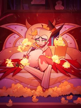 Rule 34 | 1boy, asmodeus (helluva boss), beelzebub (helluva boss), belphegor (helluva boss), blonde hair, commentary, hair slicked back, hazbin hotel, hellaverse, helluva boss, highres, leviathan (helluva boss), lucifer morningstar (hazbin hotel), male focus, mammon (helluva boss), multiple views, onyx superbia, pink sweater, red eyes, rubber duck, satan (helluva boss), sharp teeth, sleeves past wrists, sweater, symbol-only commentary, teeth