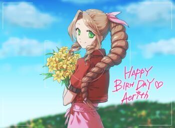 Rule 34 | 1girl, aerith gainsborough, arm belt, blurry, blurry background, bouquet, braid, braided ponytail, brown hair, character name, closed mouth, commentary request, cropped jacket, dated, dress, final fantasy, final fantasy vii, final fantasy vii rebirth, final fantasy vii remake, flower, green eyes, hair ribbon, happy birthday, holding, holding bouquet, jacket, lily (flower), long hair, looking at viewer, ontaff7r ca, outdoors, parted bangs, pink dress, pink ribbon, red jacket, ribbon, short sleeves, sidelocks, single braid, smile, solo, twitter username, upper body, viewfinder, yellow flower